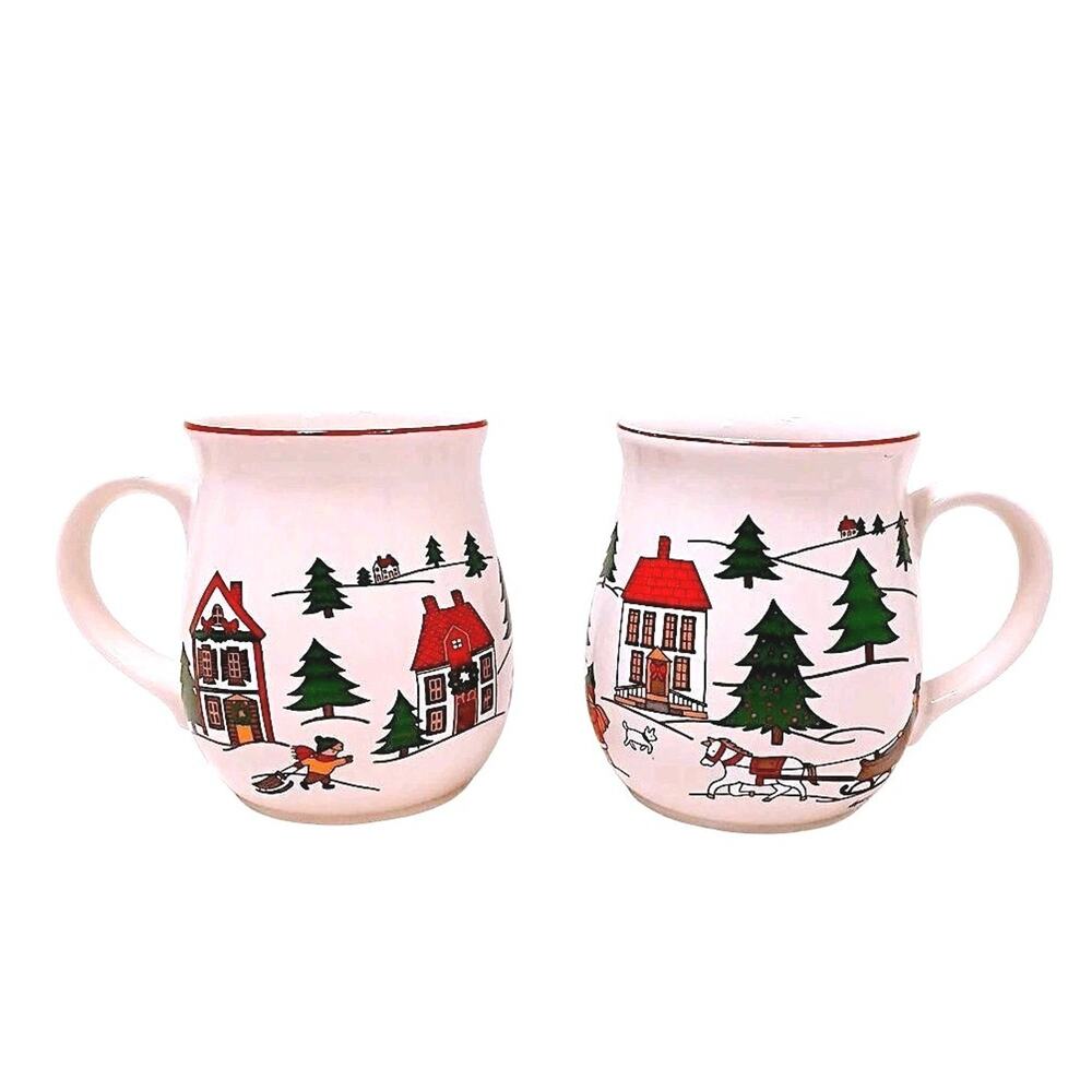 2 Cups Jamestown China Joy of Christmas Coffee Mug Winter Trees Sleigh Ceramic